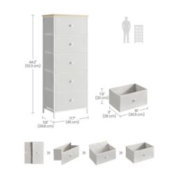 SONGMICS Slim Chest of Drawers with 5 Fabric Drawers Metal Frame Closet in White - thumbnail 2