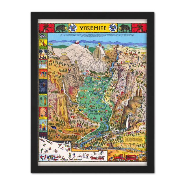 "Artery8 Wall Art Print Map Mora 1931 Yosemite Valley Pictorial Large Framed Wall Décor Art in White - Size: W18"" x H24""" - image 1