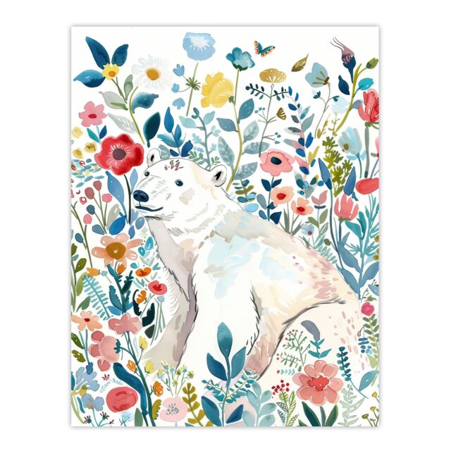 "Artery8 Polar Bear Basking Wildflower Field Watercolour Wall Art Print - Size: W12"" x H16""" - image 1