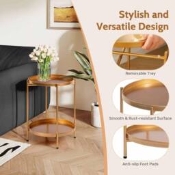 FORGEVIO Gold Round Side Table Living Room Small Metal Coffee - thumbnail 3