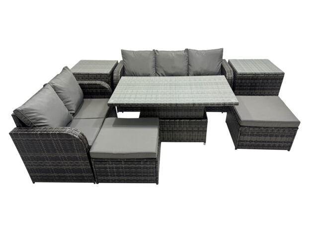 Fimous Rattan Garden Furniture Dining Set 7-seater with 2 Side Tables in Dark Grey - image 1