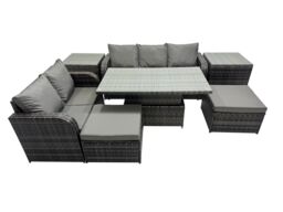 Fimous Rattan Garden Furniture Dining Set 7-seater with 2 Side Tables in Dark Grey - thumbnail 1