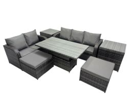 Fimous Rattan Garden Furniture Dining Set 7-seater with 2 Side Tables in Dark Grey - thumbnail 2