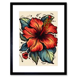 "Artery8 Wall Art Print Red Hibiscus Old School USA Tattoo Ink Body Art Rockabilly Americana 50s Artwork Framed 9X7 Inch in Black - Size: W7"" x H9""" - thumbnail 1