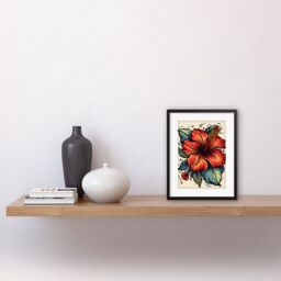 "Artery8 Wall Art Print Red Hibiscus Old School USA Tattoo Ink Body Art Rockabilly Americana 50s Artwork Framed 9X7 Inch in Black - Size: W7"" x H9""" - thumbnail 2