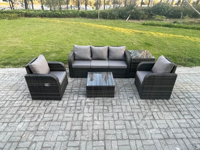 Fimous Garden Furniture Sets 5 Seater Wicker Rattan Furniture Patio Sofa Sets with Reclining Chair 3 Seater Sofa Side Table in Dark Grey - image 1