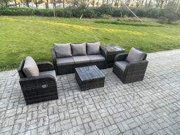Fimous Garden Furniture Sets 5 Seater Wicker Rattan Furniture Patio Sofa Sets with Reclining Chair 3 Seater Sofa Side Table in Dark Grey - thumbnail 2