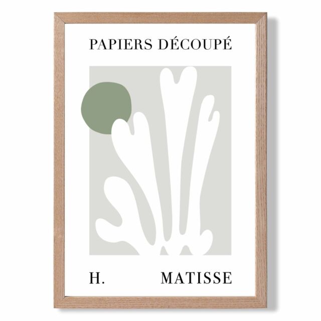 ARTZE Matisse Floral Cutout Sage Green Framed Print SIZE: A4 with Oak Frame in Pale Green - image 1