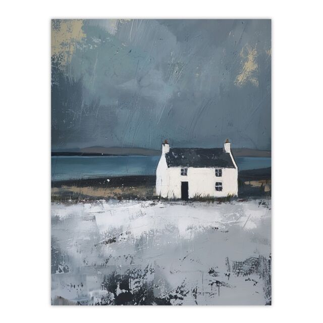 "Artery8 Scottish Lochside Farmhouse Oil Painting Shore Wall Art Print in Grey - Size: W24"" x H32""" - image 1