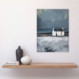 "Artery8 Scottish Lochside Farmhouse Oil Painting Shore Wall Art Print in Grey - Size: W24"" x H32""" - thumbnail 4