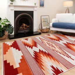 Kukoon Terracotta Orange Aztec Tribal Low Pile Soft Living Room Rug - Size: 60 cm x 240 cm - thumbnail 3