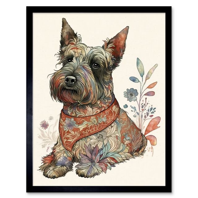 "Artery8 Wall Art Print Scottish Terrier Dog with Flower Pattern Fur Coat Modern Watercolour Art Framed in Black - Size: W12"" x H16""" - image 1