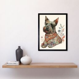 "Artery8 Wall Art Print Scottish Terrier Dog with Flower Pattern Fur Coat Modern Watercolour Art Framed in Black - Size: W12"" x H16""" - thumbnail 2
