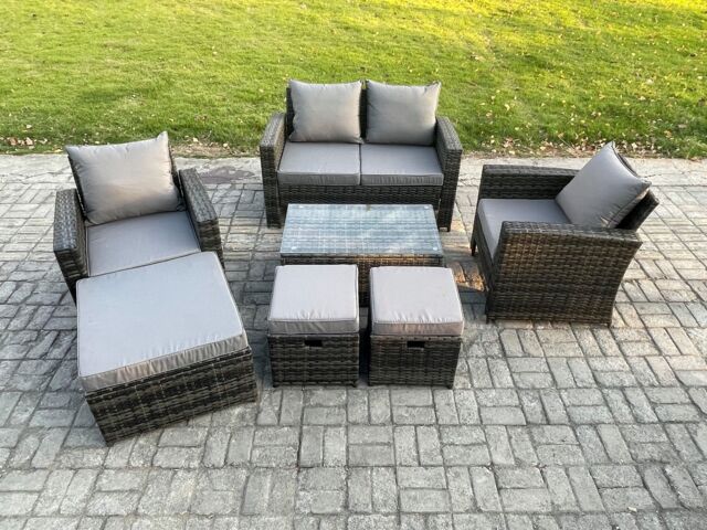 Fimous 7 Seater Outdoor Lounge Sofa Set Wicker PE Rattan Garden Furniture Set with Rectangular Coffee Table Double Seat Sofa in Dark Grey