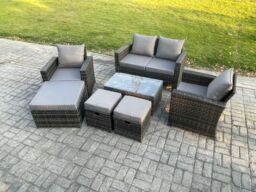 Fimous 7 Seater Outdoor Lounge Sofa Set Wicker PE Rattan Garden Furniture Set with Rectangular Coffee Table Double Seat Sofa in Dark Grey - thumbnail 2