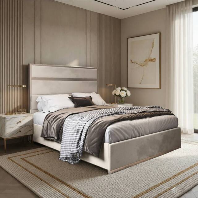Casani Flookburgh Upholstered Soft Velvet Beige Metal Designer Bed Frame in Cream - Size: Small Double - image 1