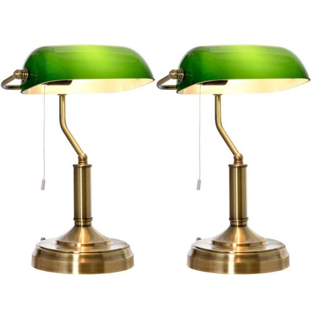 VOGREX Set of 2 Green Banker Table Lamps, Antique Bronze Base - image 1