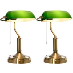 VOGREX Set of 2 Green Banker Table Lamps, Antique Bronze Base - thumbnail 1