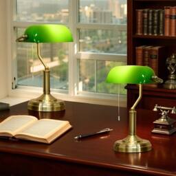 VOGREX Set of 2 Green Banker Table Lamps, Antique Bronze Base - thumbnail 3