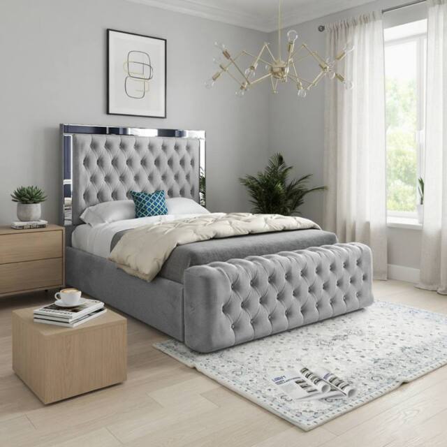 KDMD Redesdale Mirror Upholstered Grey Soft Velvet Designer Bed Frame - Size: Small Double - image 1