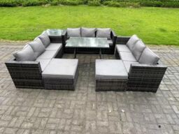 Fimous 11 Seater Rattan Outdoor Furniture Lounge Sofa Garden Dining Set with Dining Table Side Table Footstools in Dark Grey - thumbnail 1