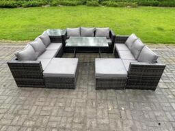 Fimous 11 Seater Rattan Outdoor Furniture Lounge Sofa Garden Dining Set with Dining Table Side Table Footstools in Dark Grey - thumbnail 2
