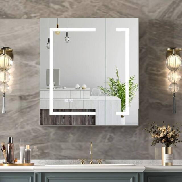 KEEPREAPER Sleek Bathroom Mirror Cabinet with Lights & Defogger 600 x 650mm in White - image 1