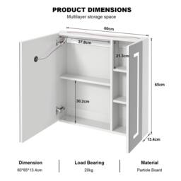 KEEPREAPER Sleek Bathroom Mirror Cabinet with Lights & Defogger 600 x 650mm in White - thumbnail 3