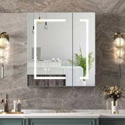 KEEPREAPER Sleek Bathroom Mirror Cabinet with Lights & Defogger 600 x 650mm in White - thumbnail 1