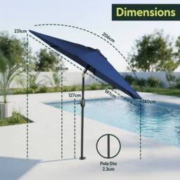 Keplin 2m Tilting Parasol Umbrella - Crank & Tilt Sun Shade with Cover in Navy - thumbnail 9