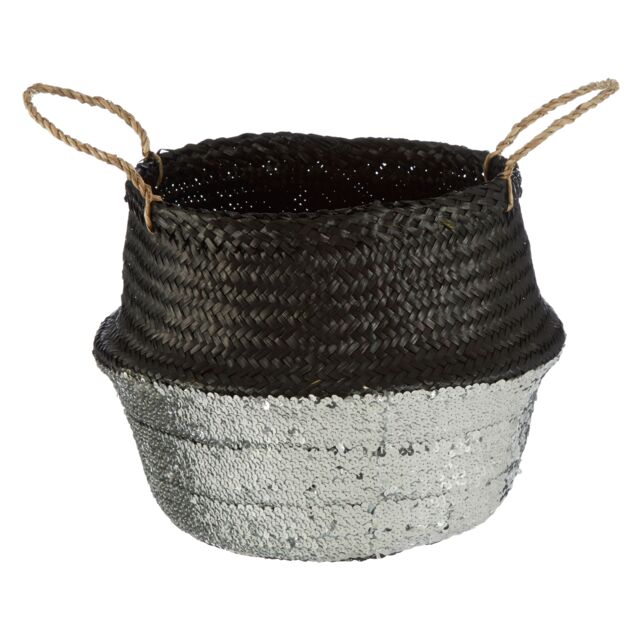 Orsina Black & Silver Seagrass Storage Basket, Decorative Organizer With Handles, Small Seagrass Storage Basket - image 1
