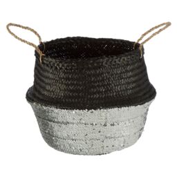 Orsina Black & Silver Seagrass Storage Basket, Decorative Organizer With Handles, Small Seagrass Storage Basket - thumbnail 1
