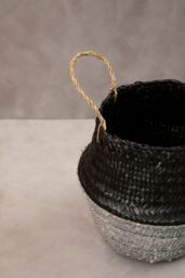 Orsina Black & Silver Seagrass Storage Basket, Decorative Organizer With Handles, Small Seagrass Storage Basket - thumbnail 3