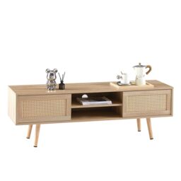 Moderna Scandi Style TV Stand, Light Wood with Rattan Doors, 140cm Wide in Brown - thumbnail 6