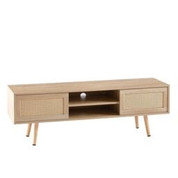 Moderna Scandi Style TV Stand, Light Wood with Rattan Doors, 140cm Wide in Brown - thumbnail 1