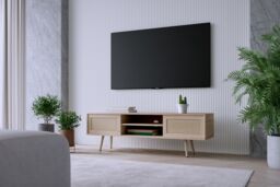 Moderna Scandi Style TV Stand, Light Wood with Rattan Doors, 140cm Wide in Brown - thumbnail 9