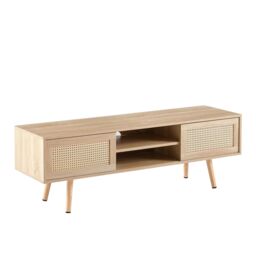Moderna Scandi Style TV Stand, Light Wood with Rattan Doors, 140cm Wide in Brown - thumbnail 2