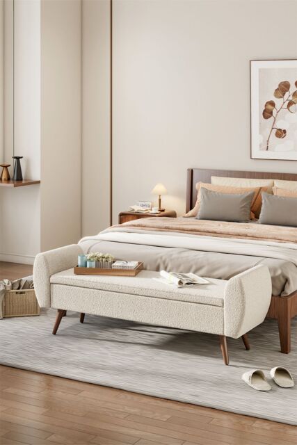Living and Home Teddy Fur 2-Seat Upholstered Storage Bench with Side Arms and Walnut Colored Legs in Beige - image 1