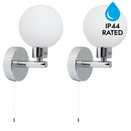 First Choice Lighting Pair of Polished Chrome IP44 Bathroom Pull Cord Globe Wall Lights in Silver - thumbnail 2
