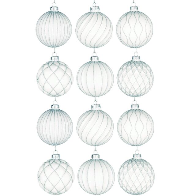 Shatchi Christmas Glass Baubles 12pcs Set - 8cm White Ornaments with 6 Unique Festive Designs - image 1