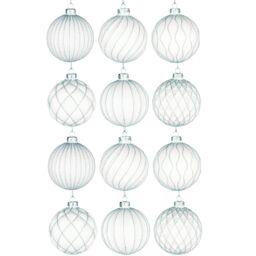Shatchi Christmas Glass Baubles 12pcs Set - 8cm White Ornaments with 6 Unique Festive Designs - thumbnail 1