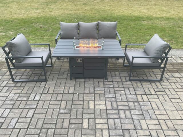 Fimous Aluminium Outdoor Garden Furniture Set Gas Fire Pit Dining Table Set Gas Heater Burner with 2 Arm Chair Dark Grey 5 Seater - image 1
