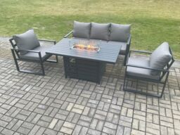 Fimous Aluminium Outdoor Garden Furniture Set Gas Fire Pit Dining Table Set Gas Heater Burner with 2 Arm Chair Dark Grey 5 Seater - thumbnail 2