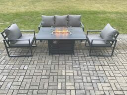 Fimous Aluminium Outdoor Garden Furniture Set Gas Fire Pit Dining Table Set Gas Heater Burner with 2 Arm Chair Dark Grey 5 Seater - thumbnail 1