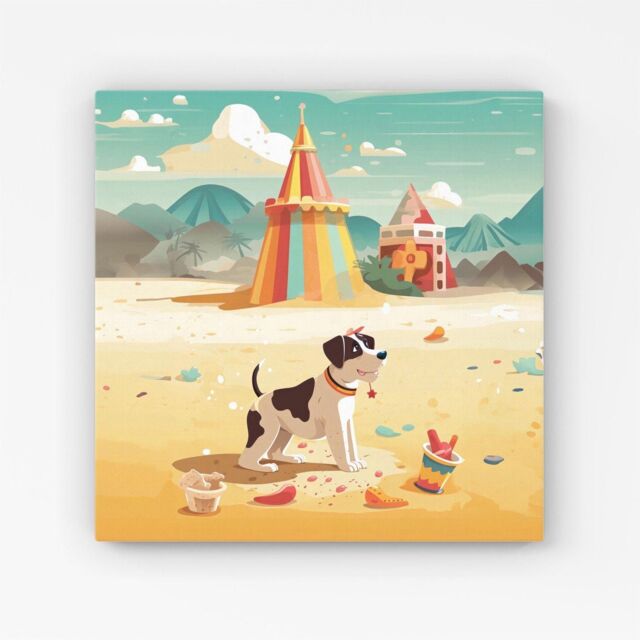 "Warren Reed - Designer Doggy On A Beach Holiday Canvas in Yellow - Size: W16"" x H16""" - image 1