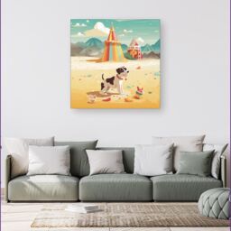 "Warren Reed - Designer Doggy On A Beach Holiday Canvas in Yellow - Size: W16"" x H16""" - thumbnail 4