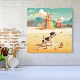 "Warren Reed - Designer Doggy On A Beach Holiday Canvas in Yellow - Size: W16"" x H16""" - thumbnail 2