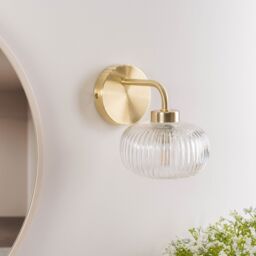 ValueLights Amaia Pair of Brushed Gold IP44 Rated Single Clear Ribbed Glass Wall Lights