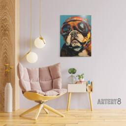 "Artery8 Bulldog Dog With Retro Motorcycle Goggles Canvas Wall Art Print in Blue - Size: W18"" x H24""" - thumbnail 3