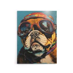 "Artery8 Bulldog Dog With Retro Motorcycle Goggles Canvas Wall Art Print in Blue - Size: W18"" x H24""" - thumbnail 1
